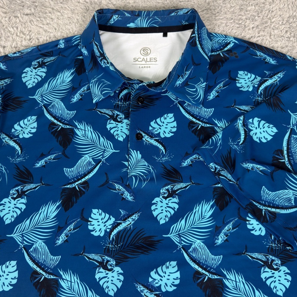 Scales Gear Mens Large Blue Tropical Marlin Tuna Performance Fishing Polo Shirt